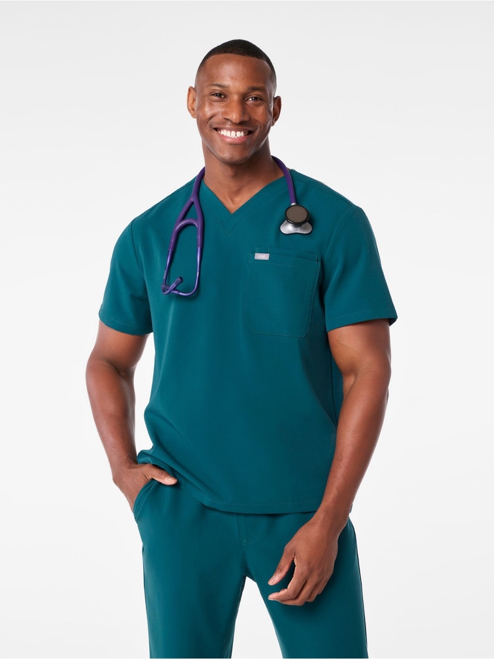 FIGS Leon Scrub Top Men's Large Teal Caribbean Blue V-Neck Scrub Top